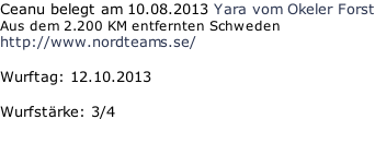 Ceanu belegt am 10.08.2013 Yara vom Okeler Forst Aus dem 2.200 KM entfernten Schweden http://www.nordteams.se/  Wurftag: 12.10.2013  Wurfstärke: 3/4