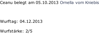 Ceanu belegt am 05.10.2013 Ornella vom Kniebis    Wurftag: 04.12.2013  Wurfstärke: 2/5